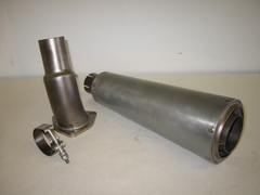 EVO-1 performance exhaust tip shown with stainless steel adapter flange and clamp